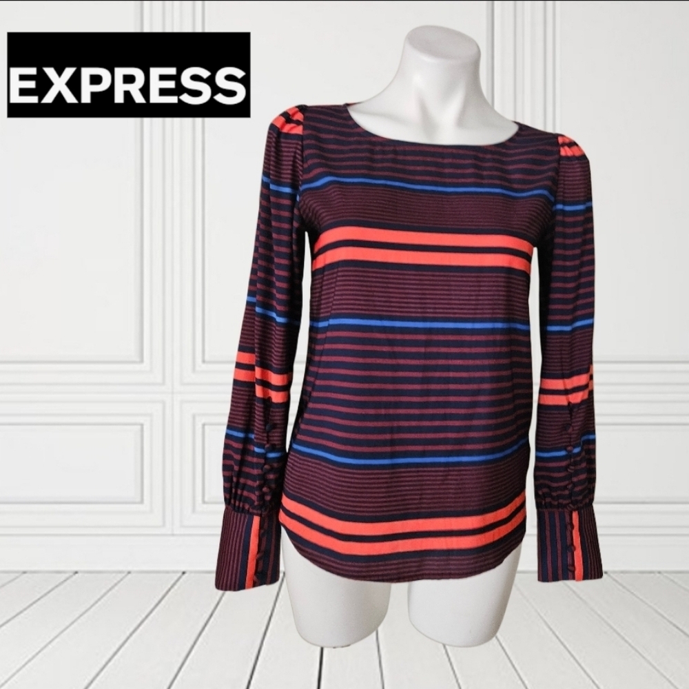 Express Women’s Blue Orange Stripe Long Sleeve Preppy Top Size XS
